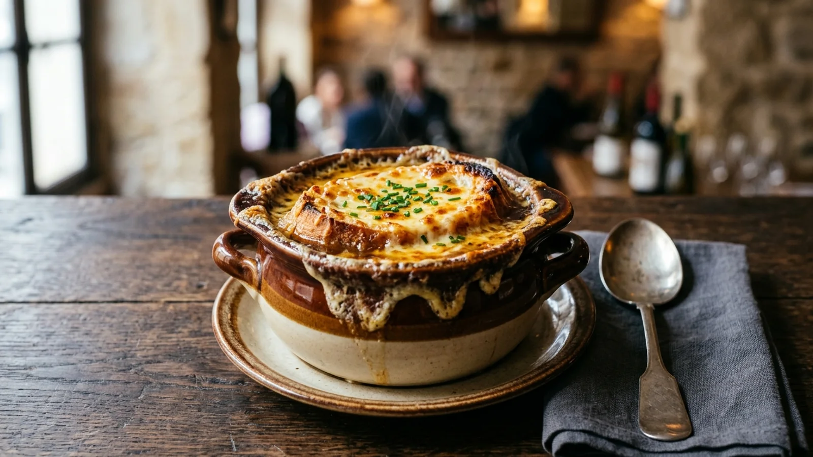 Klasyczna francuska zupa cebulowa z chrupiącą grzanką zapieczoną pod grubą warstwą sera Gruyère