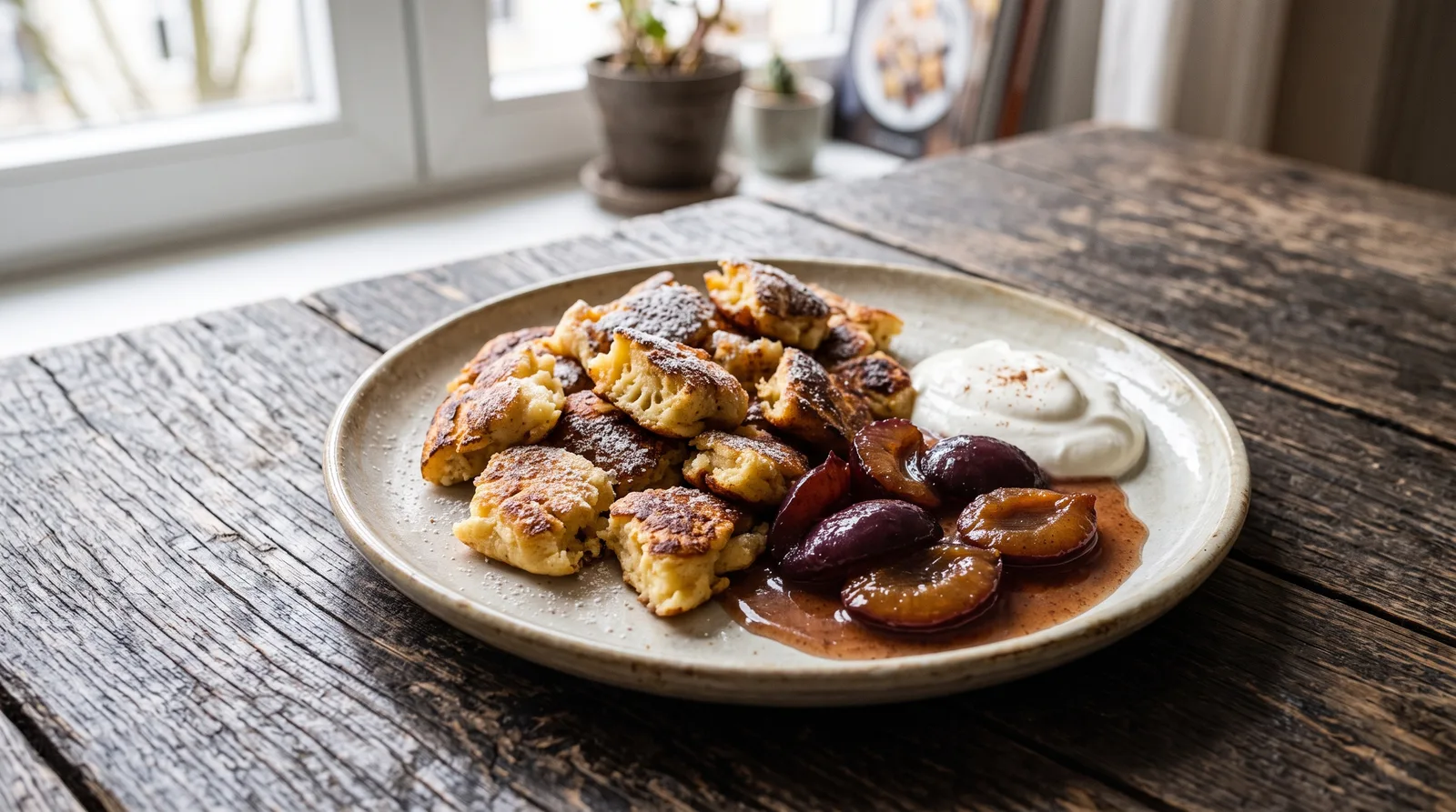 Puszysty, rwany omlet cesarski Kaiserschmarrn z karmelizowanymi śliwkami i serkiem waniliowym