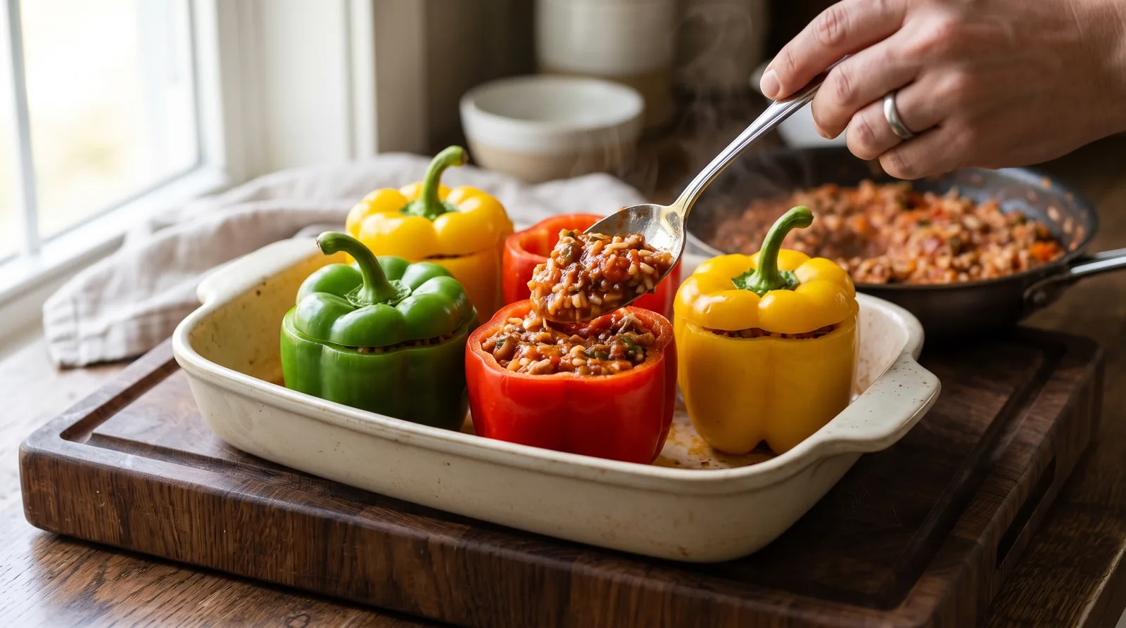 Napełnianie papryk aromatycznym farszem i układanie pionowo w naczyniu żaroodpornym